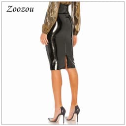 High Waist Latex Patent Leather PVC Midi Skirt Women Plus Size Elegant Slit Office Lady Pencil Skirt Pu Knee Length Skirt Custom