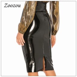 High Waist Latex Patent Leather PVC Midi Skirt Women Plus Size Elegant Slit Office Lady Pencil Skirt Pu Knee Length Skirt Custom
