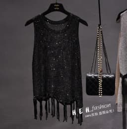 Sexy Shiny Gold Silver Knitted Tank Tops Women Bling Bling Sequined Tassels Knitted Vest All Neon Store Clothes Korean