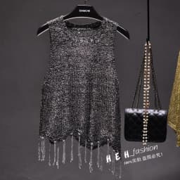 Sexy Shiny Gold Silver Knitted Tank Tops Women Bling Bling Sequined Tassels Knitted Vest All Neon Store Clothes Korean