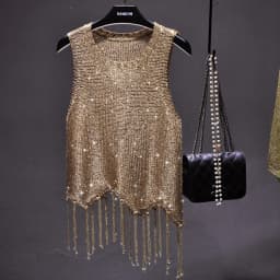 Sexy Shiny Gold Silver Knitted Tank Tops Women Bling Bling Sequined Tassels Knitted Vest All Neon Store Clothes Korean