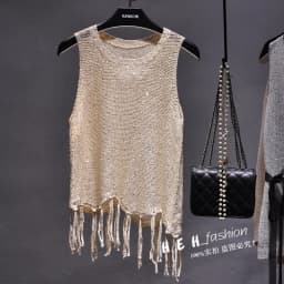 Sexy Shiny Gold Silver Knitted Tank Tops Women Bling Bling Sequined Tassels Knitted Vest All Neon Store Clothes Korean