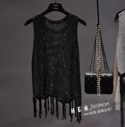 Sexy Shiny Gold Silver Knitted Tank Tops Women Bling Bling Sequined Tassels Knitted Vest All Neon Store Clothes Korean