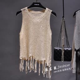Sexy Shiny Gold Silver Knitted Tank Tops Women Bling Bling Sequined Tassels Knitted Vest All Neon Store Clothes Korean