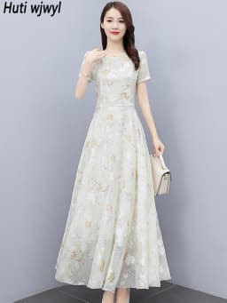 Summer Casual Vacation Boho Beach Sundress 2024 Elegant Bodycon Party Long Vestido Female Short Sleeve Floral Chiffon Maxi Dress