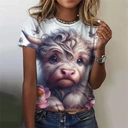 Cute Cow Donkey Pattern T-Shirt For Women Flower Animals 3D Printed T Shirts Summer Fashion Street Tees O-Neck Tops Short Sleeve