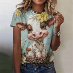 Cute Cow Donkey Pattern T-Shirt For Women Flower Animals 3D Printed T Shirts Summer Fashion Street Tees O-Neck Tops Short Sleeve