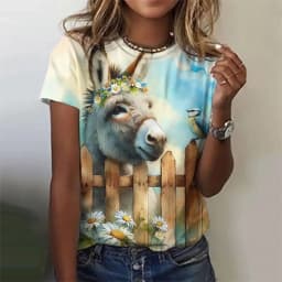Cute Cow Donkey Pattern T-Shirt For Women Flower Animals 3D Printed T Shirts Summer Fashion Street Tees O-Neck Tops Short Sleeve