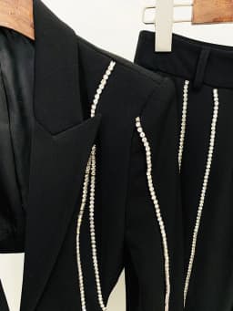 HIGH QUALITY Newest 2025 S/S Designer Suit Set Women's Single Button Hollow Out Diamonds Beaded Lapel Blazer Flare Pants Set