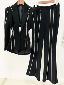 HIGH QUALITY Newest 2025 S/S Designer Suit Set Women's Single Button Hollow Out Diamonds Beaded Lapel Blazer Flare Pants Set