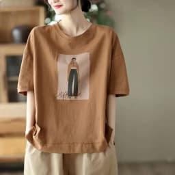 100% Cotton Loose T Shirt Women Fashion Retro Cartoon Print T-shirt Oversized Pullover Casual Short Sleeves TShirts Summer 2025