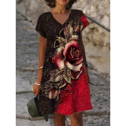 3D Red Rose Flower Dress Women Short Sleeve Floral Print Dresses Summer 2022 Casual Beach V-Neck Loose Oversized Ladies Sundress
