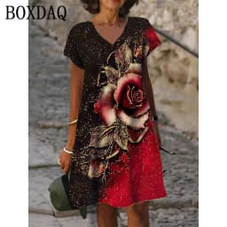 3D Red Rose Flower Dress Women Short Sleeve Floral Print Dresses Summer 2022 Casual Beach V-Neck Loose Oversized Ladies Sundress
