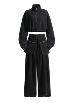 TWOTWINSTYLE Denim Two Piece Set For Women Lapel Long Sleeve Patchwork Zipper Top High Waist Wide Leg Pant Casual Sets Famale