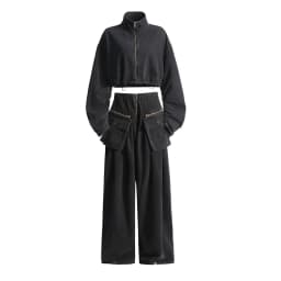TWOTWINSTYLE Denim Two Piece Set For Women Lapel Long Sleeve Patchwork Zipper Top High Waist Wide Leg Pant Casual Sets Famale