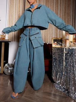 TWOTWINSTYLE Denim Two Piece Set For Women Lapel Long Sleeve Patchwork Zipper Top High Waist Wide Leg Pant Casual Sets Famale
