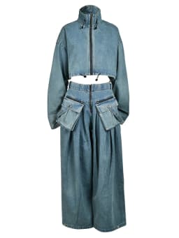 TWOTWINSTYLE Denim Two Piece Set For Women Lapel Long Sleeve Patchwork Zipper Top High Waist Wide Leg Pant Casual Sets Famale