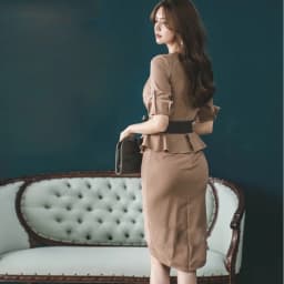High Waist Tight Office Lady Dress Spring Plain V-Neck 3/4 Sleeves Adjustable Decorative Ruffles Send Belt Elegant Party Dress