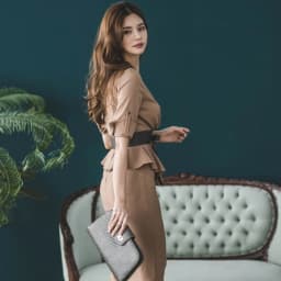 High Waist Tight Office Lady Dress Spring Plain V-Neck 3/4 Sleeves Adjustable Decorative Ruffles Send Belt Elegant Party Dress