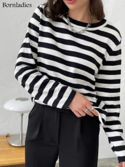 Bornladies Knitted Stripe Sweater Women 2025 Autumn Winter Loose Casual Thick Pullovers Female Warm Long-sleeved Round Neck Tops