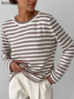 Bornladies Knitted Stripe Sweater Women 2025 Autumn Winter Loose Casual Thick Pullovers Female Warm Long-sleeved Round Neck Tops
