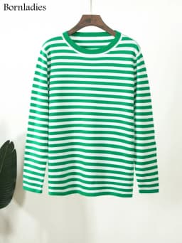 Bornladies Knitted Stripe Sweater Women 2025 Autumn Winter Loose Casual Thick Pullovers Female Warm Long-sleeved Round Neck Tops