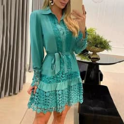 Women's Lace Lace Long Sleeve Dress OL Work Bohemian Solid Color Lapel Shirt Mini Dress Elegant Dress Ladies Commuting Clothes