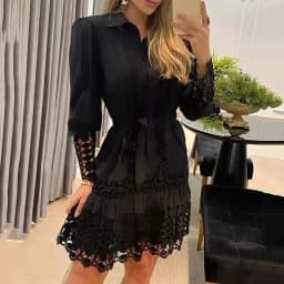 Women's Lace Lace Long Sleeve Dress OL Work Bohemian Solid Color Lapel Shirt Mini Dress Elegant Dress Ladies Commuting Clothes