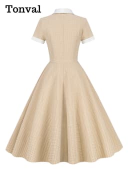 Tonval Shawl Collar Button Up Vintage Robe Plaid Long Dress Evening Elegant for Women Short Sleeve Pockets A-Line Dresses