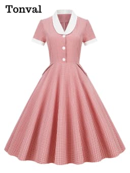 Tonval Shawl Collar Button Up Vintage Robe Plaid Long Dress Evening Elegant for Women Short Sleeve Pockets A-Line Dresses