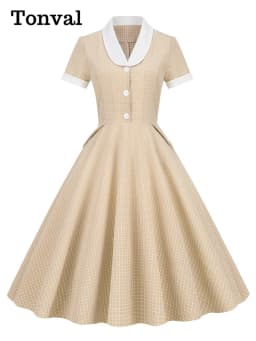 Tonval Shawl Collar Button Up Vintage Robe Plaid Long Dress Evening Elegant for Women Short Sleeve Pockets A-Line Dresses
