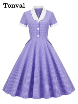 Tonval Shawl Collar Button Up Vintage Robe Plaid Long Dress Evening Elegant for Women Short Sleeve Pockets A-Line Dresses