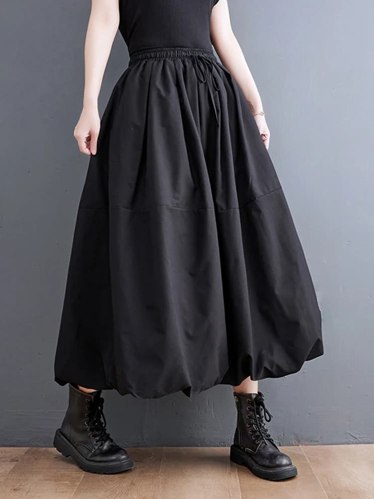 Black Vintage High Waist Pleated Skirt Women Fashion Plus Size Drawstring Loose Casual Long Skirts Clothing Spring Autumn 2025