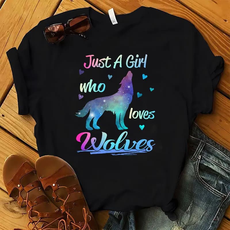 Just A Girl Love Wolves Print Women T Shirt Short Sleeve O Neck Loose Women Tshirt Ladies Tee Shirt Tops Camisetas Mujer