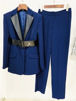 HIGH STREET Newest 2026 S/S Runway Designer Suit Set Women's Leather Collar Belted Blazer Pencil Pants Set 2pcs