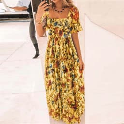 Summer Beach Dress Women Casual Short Sleeve Square Collar Elastic Waist High Waist Bohemian Floral Print Maxi Dress Plus Size