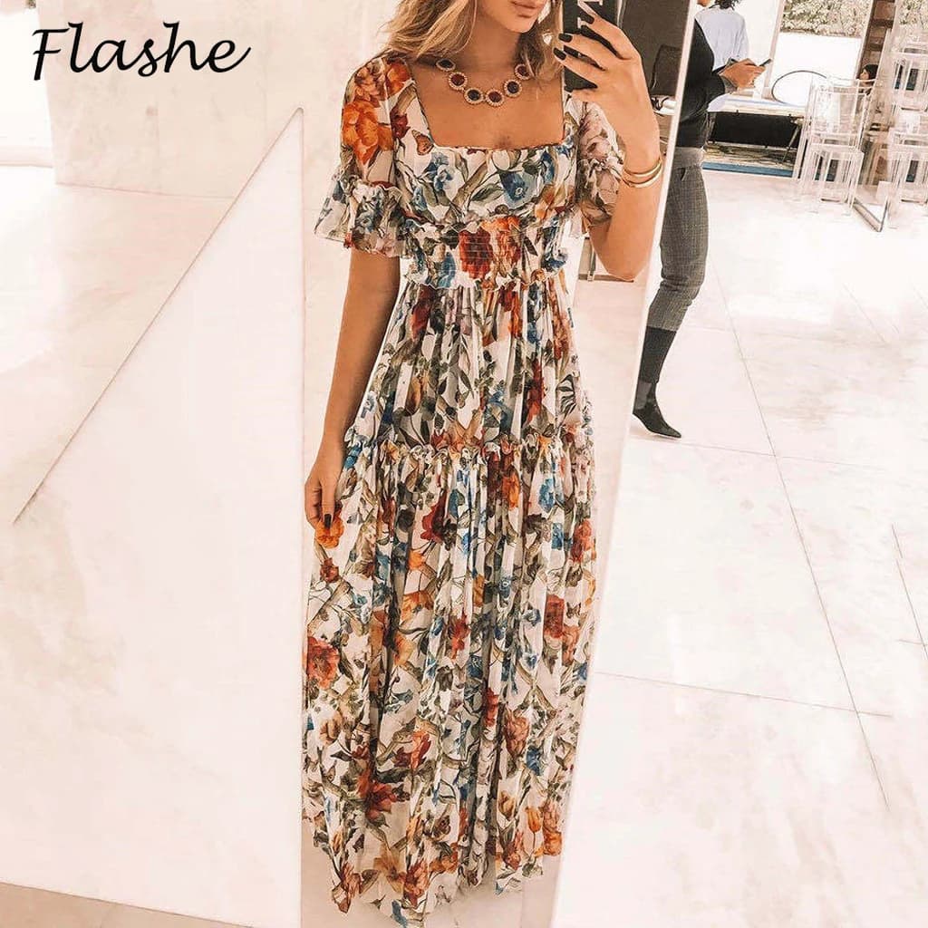 Summer Beach Dress Women Casual Short Sleeve Square Collar Elastic Waist High Waist Bohemian Floral Print Maxi Dress Plus Size