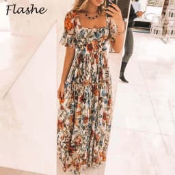 Summer Beach Dress Women Casual Short Sleeve Square Collar Elastic Waist High Waist Bohemian Floral Print Maxi Dress Plus Size