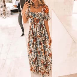 Summer Beach Dress Women Casual Short Sleeve Square Collar Elastic Waist High Waist Bohemian Floral Print Maxi Dress Plus Size