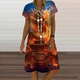 V-Neck Women's Dress Summer Short Sleeve Pullover For Women Casual Dragon Pattern Print Female Clothing 2023 Fashion Oversized