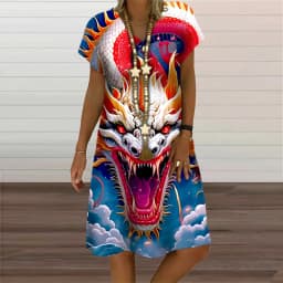 V-Neck Women's Dress Summer Short Sleeve Pullover For Women Casual Dragon Pattern Print Female Clothing 2023 Fashion Oversized