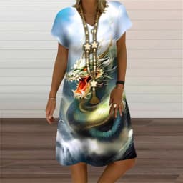 V-Neck Women's Dress Summer Short Sleeve Pullover For Women Casual Dragon Pattern Print Female Clothing 2023 Fashion Oversized
