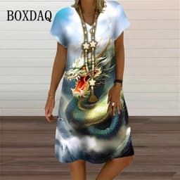 V-Neck Women's Dress Summer Short Sleeve Pullover For Women Casual Dragon Pattern Print Female Clothing 2023 Fashion Oversized