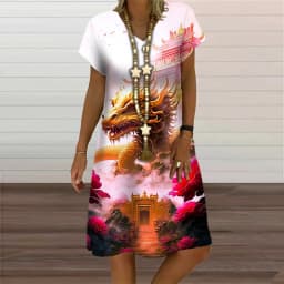 V-Neck Women's Dress Summer Short Sleeve Pullover For Women Casual Dragon Pattern Print Female Clothing 2023 Fashion Oversized