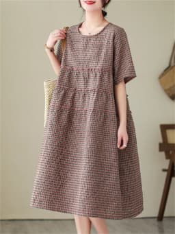 2026 Summer Short Sleeve Vintage Plaid Dresses For Women New Casual Midi Comfortable Dress Femme Robe Vestidos Elegant Clothing