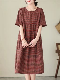 2026 Summer Short Sleeve Vintage Plaid Dresses For Women New Casual Midi Comfortable Dress Femme Robe Vestidos Elegant Clothing