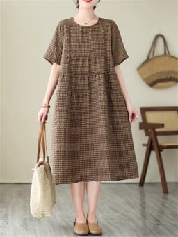 2026 Summer Short Sleeve Vintage Plaid Dresses For Women New Casual Midi Comfortable Dress Femme Robe Vestidos Elegant Clothing