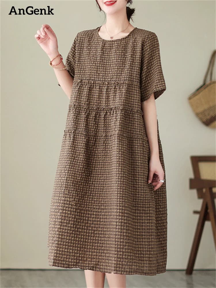 2026 Summer Short Sleeve Vintage Plaid Dresses For Women New Casual Midi Comfortable Dress Femme Robe Vestidos Elegant Clothing