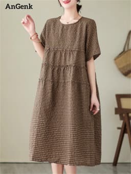 2026 Summer Short Sleeve Vintage Plaid Dresses For Women New Casual Midi Comfortable Dress Femme Robe Vestidos Elegant Clothing
