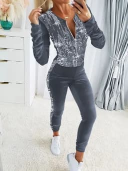 Autumn Winter Velvet Sets for Women 2 Pieces Suits Female Clothing Casual Contrast Sequin Zipper Design Coat & Pants Set Tracksu
